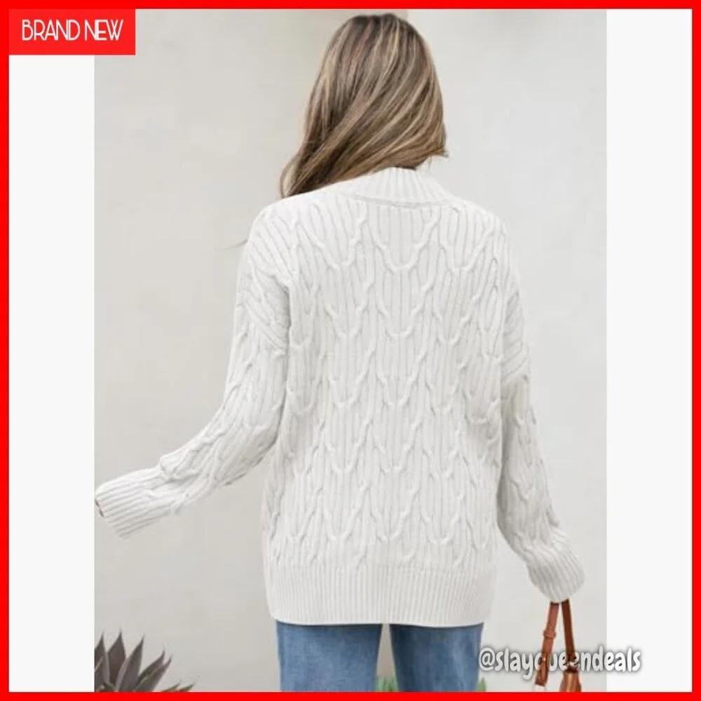 Oversized Cable Knit Mock Turtle Neck Sweater Tunic Pullover